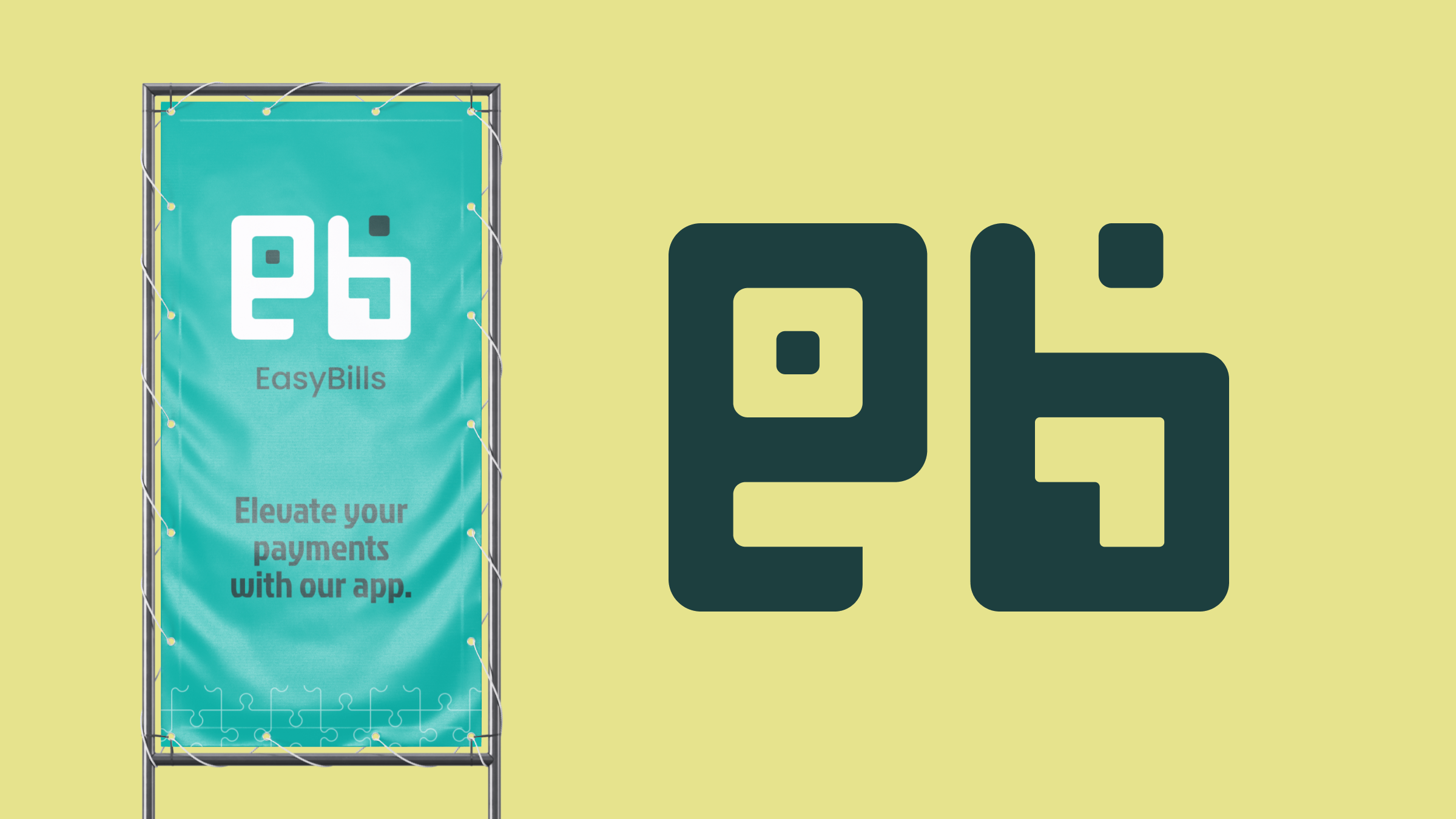 EasyBills banner mockup and logo mark on a teal and yellow background